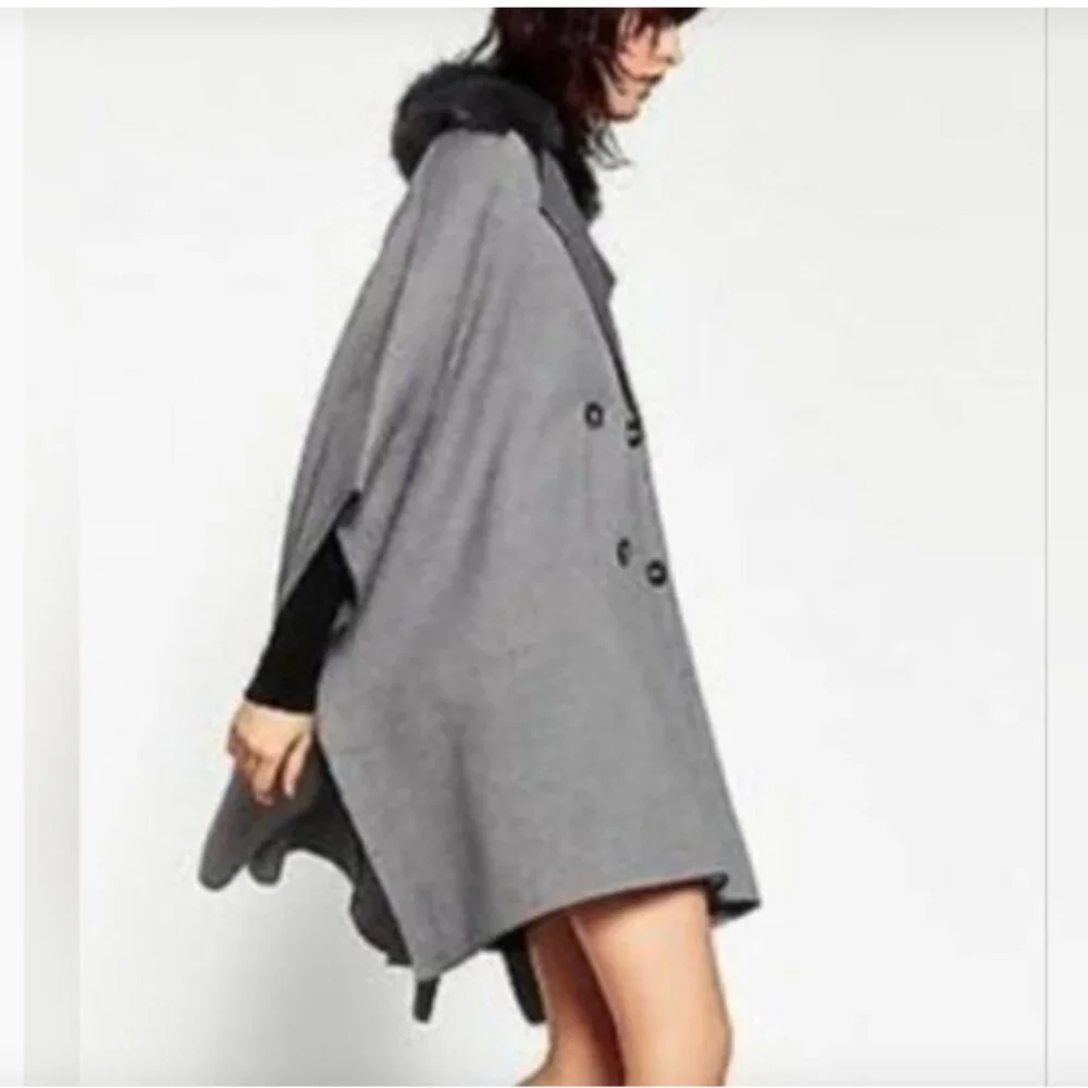 NWT Zara Cape Poncho Gray Faux Fur Collar Size M - Picture 3 of 6